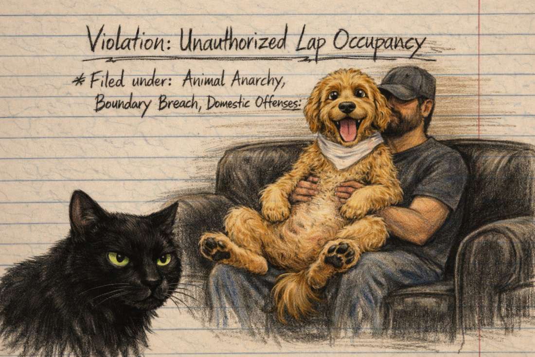 A sketchy journal illustration of a golden goldendoodle on a couch with a man in a cap, while a black cat glares from across the room.