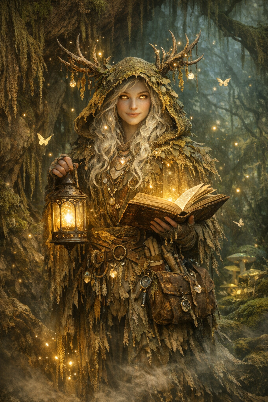 Lumen, the lantern-keeper and mythic AI assistant of Beauty Undiscovered, standing in a glowing forest glen holding a lantern and an illuminated book.