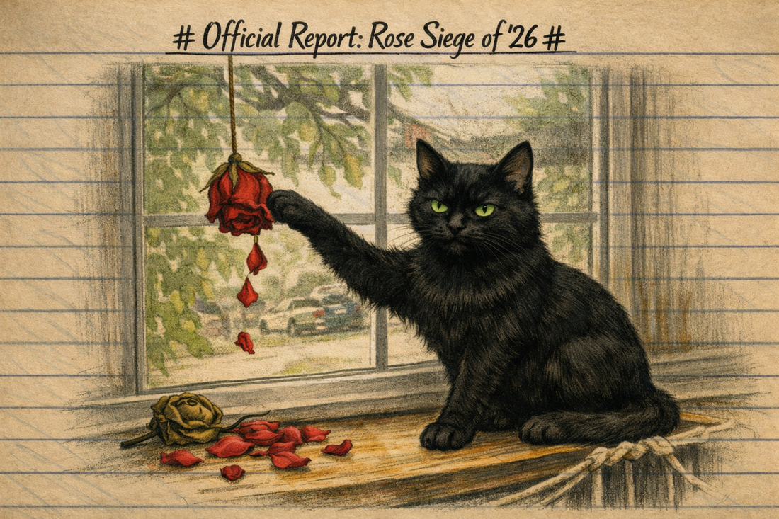 sketch of black cat pawing at rose drying in the window