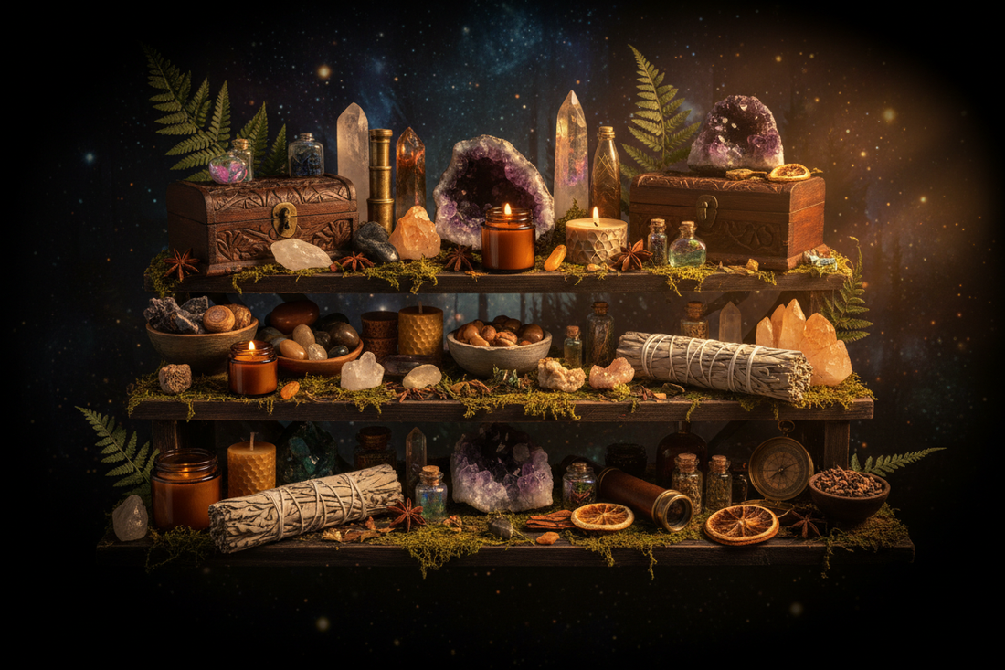 A warm golden shelf of crystals, sage bundles, candles, and forest trinkets in a dark moody atmospheric vignette