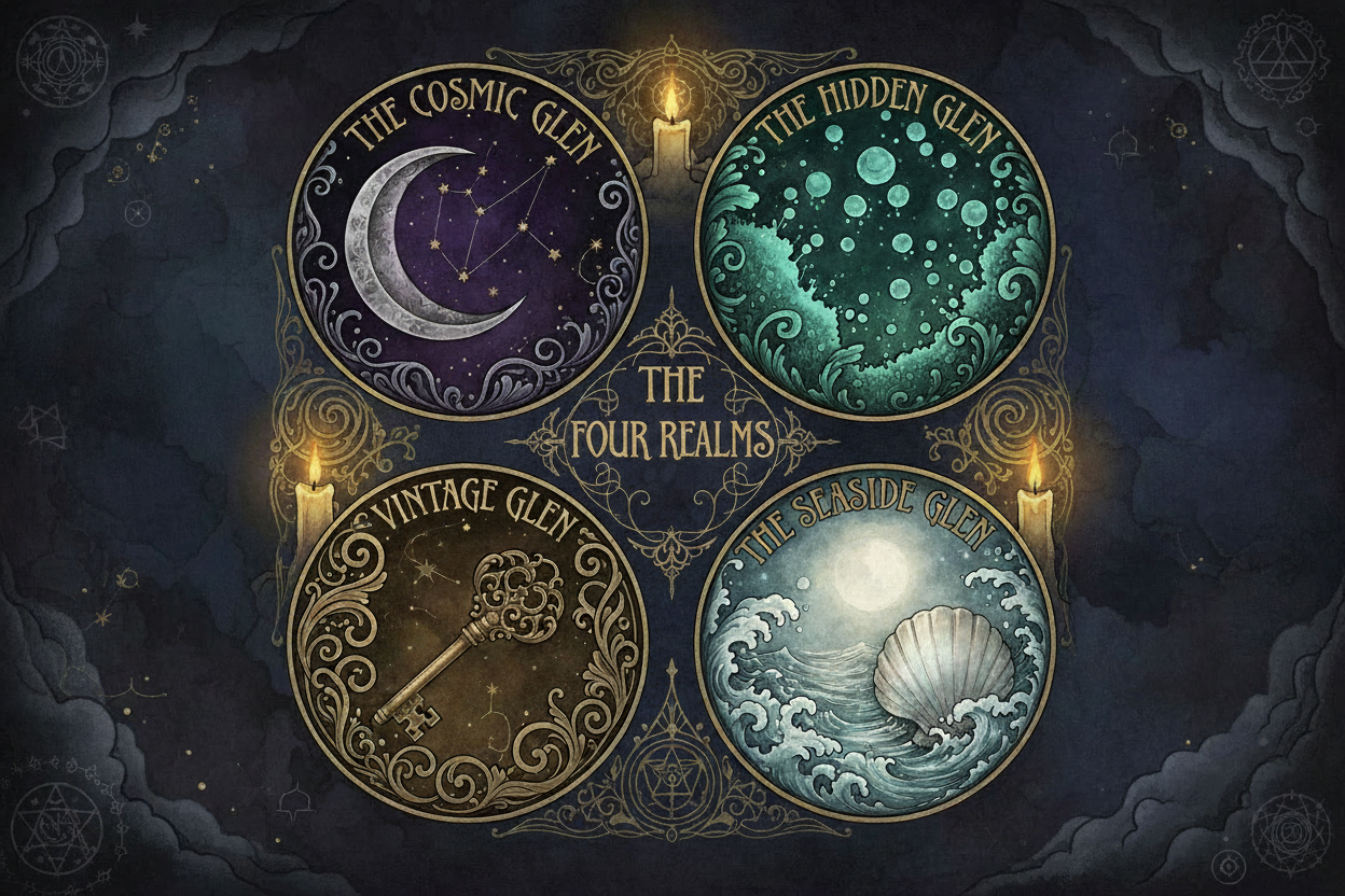 Fantasy‑style illustration showing four circular emblems representing the Cosmic Glen, Hidden Glen, Vintage Glen, and Seaside Glen, arranged around a central title with glowing candles and ornate gold filigree.