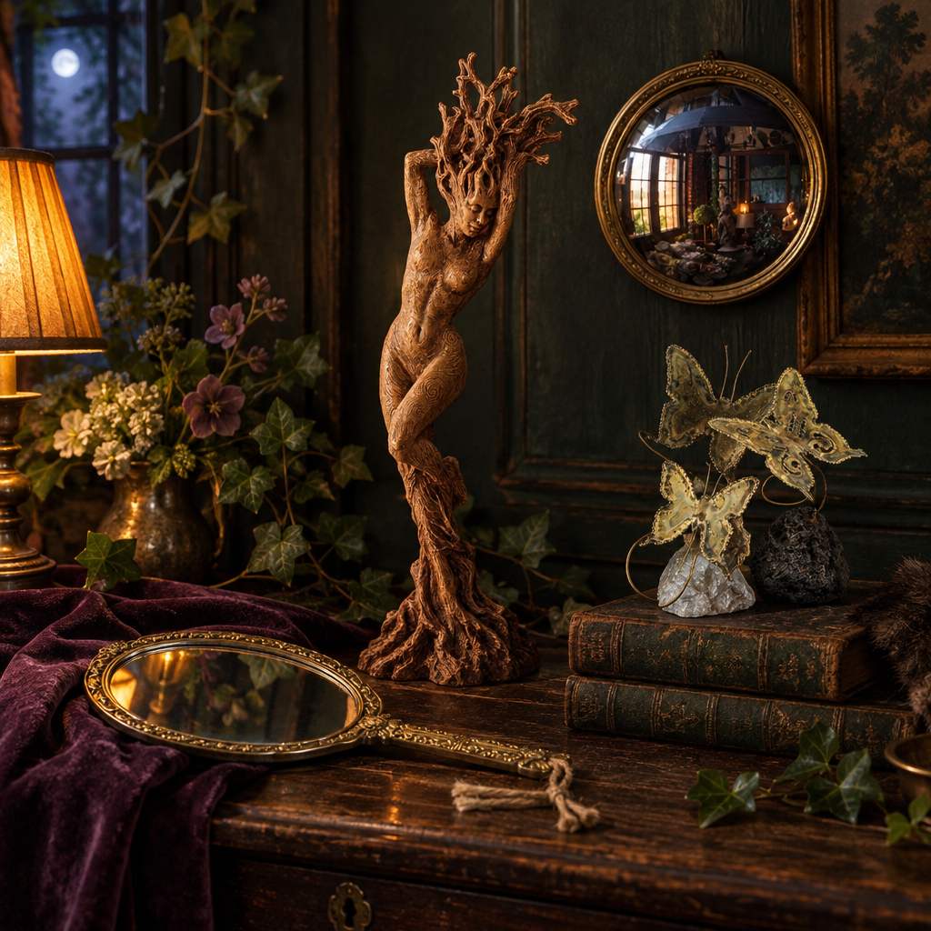 Home and decor objects in a twilight cabinet and vanity scene