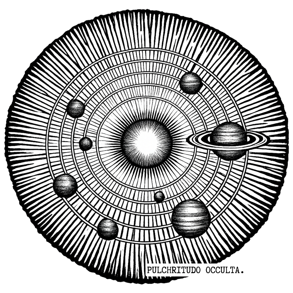 Illustration of a solar system diagram with planets and sun, labeled 'Pulchritudo Occulta'.