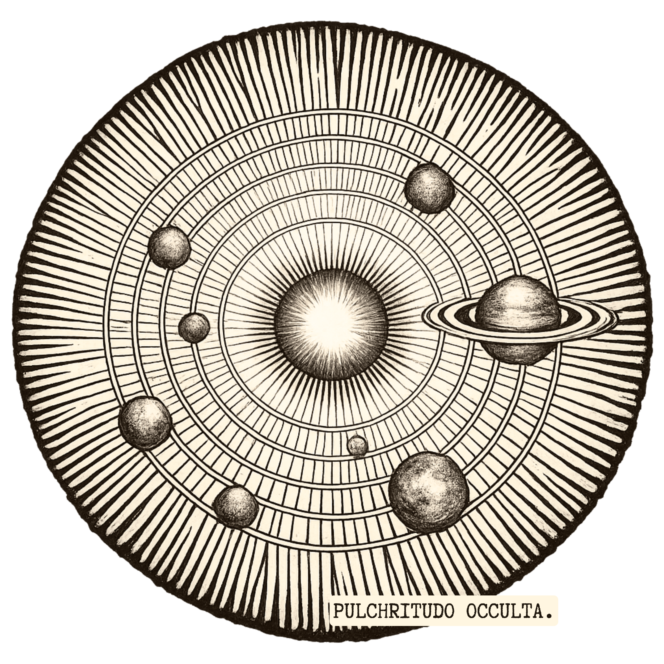 Vintage-style illustration of a solar system diagram with planets and concentric circles.
