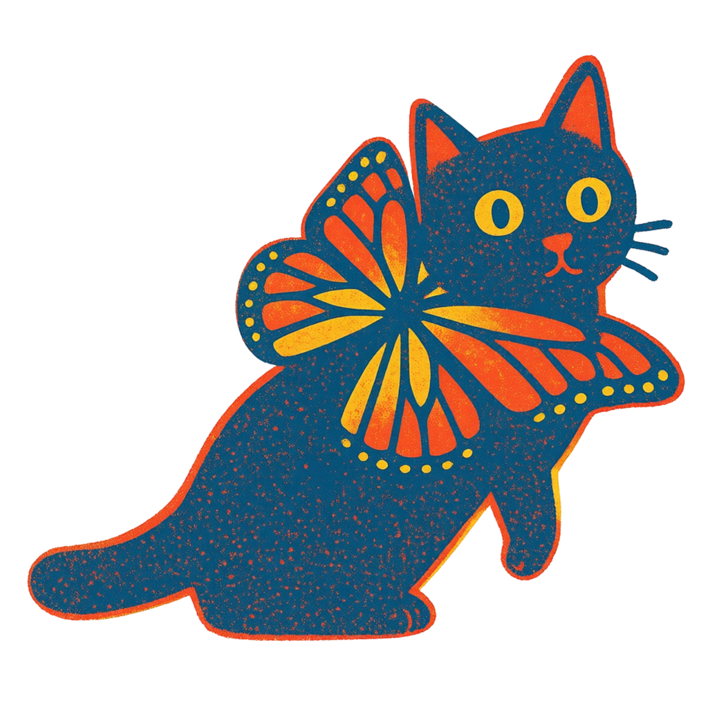 Illustration of a cat with butterfly wings on a white background