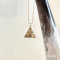 Necklace with a triangular pendant hanging from a large horn on a light background
