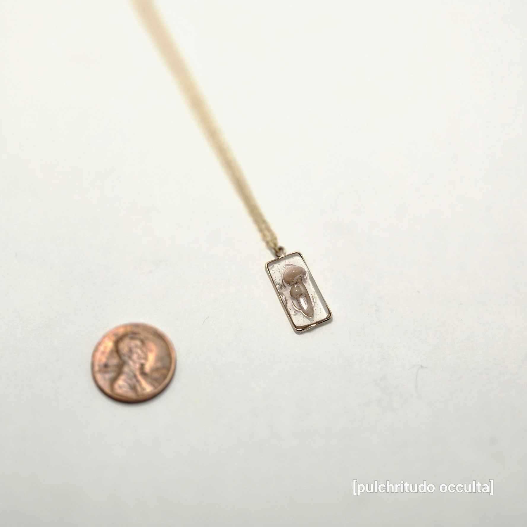 Small pendant on a thin chain next to a penny on a light background