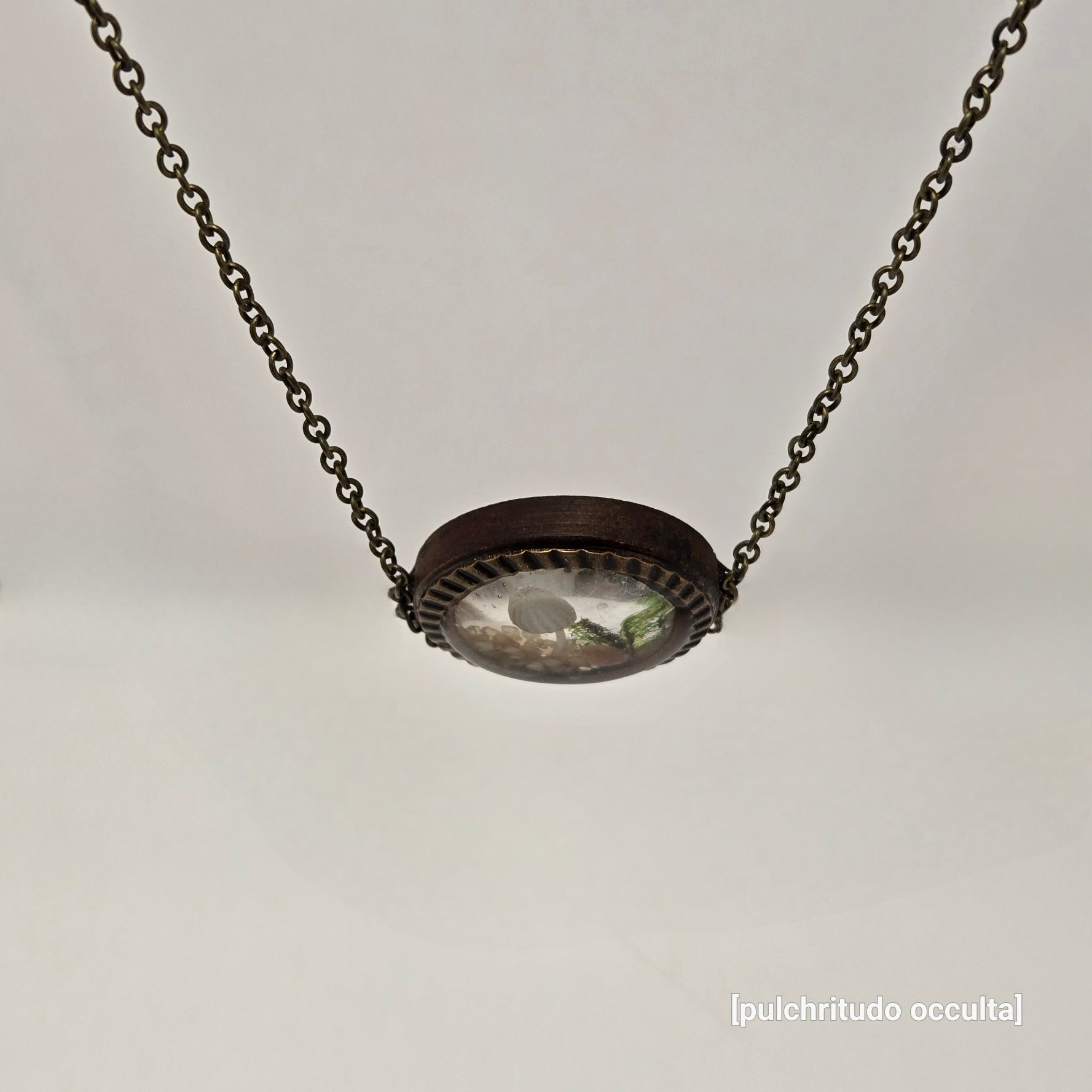 Necklace with a round pendant on a light gray background