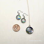 hook earrings and matching pendant with moon and mushrooms compared to a penny