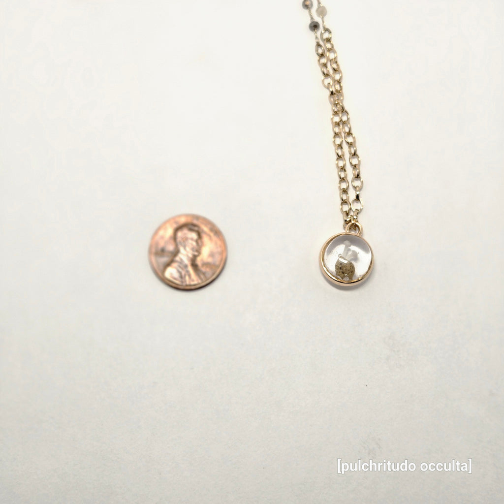 Gold chain with a round pendant on a white background