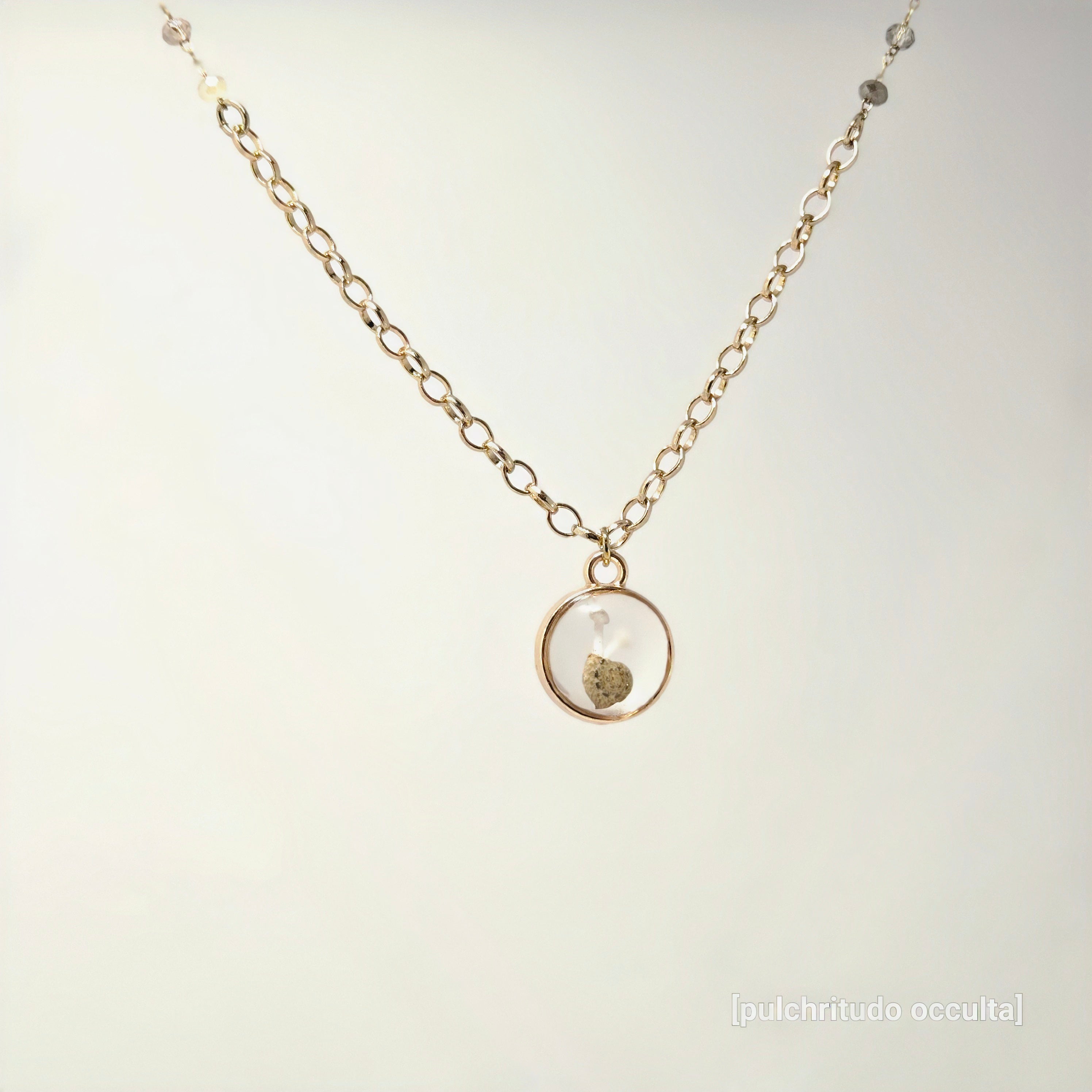 Necklace with a round pendant on a light gray background