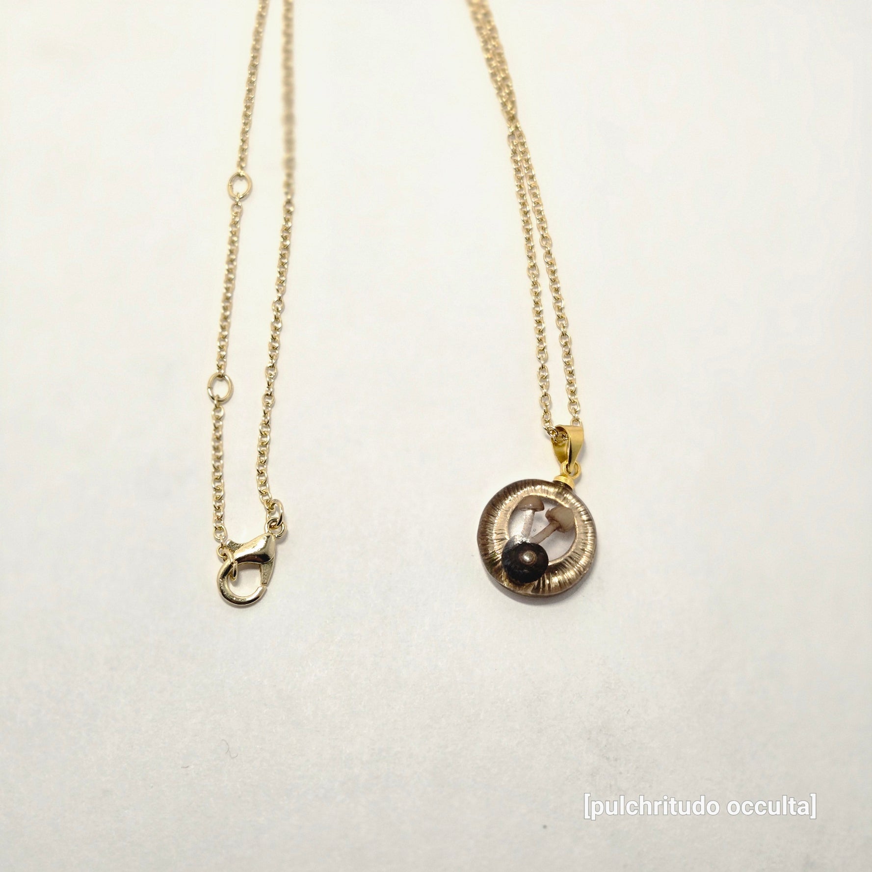 Gold necklace with a circular pendant on a white background