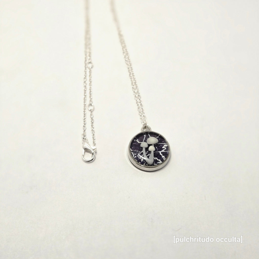 Silver necklace with a round pendant on a white background