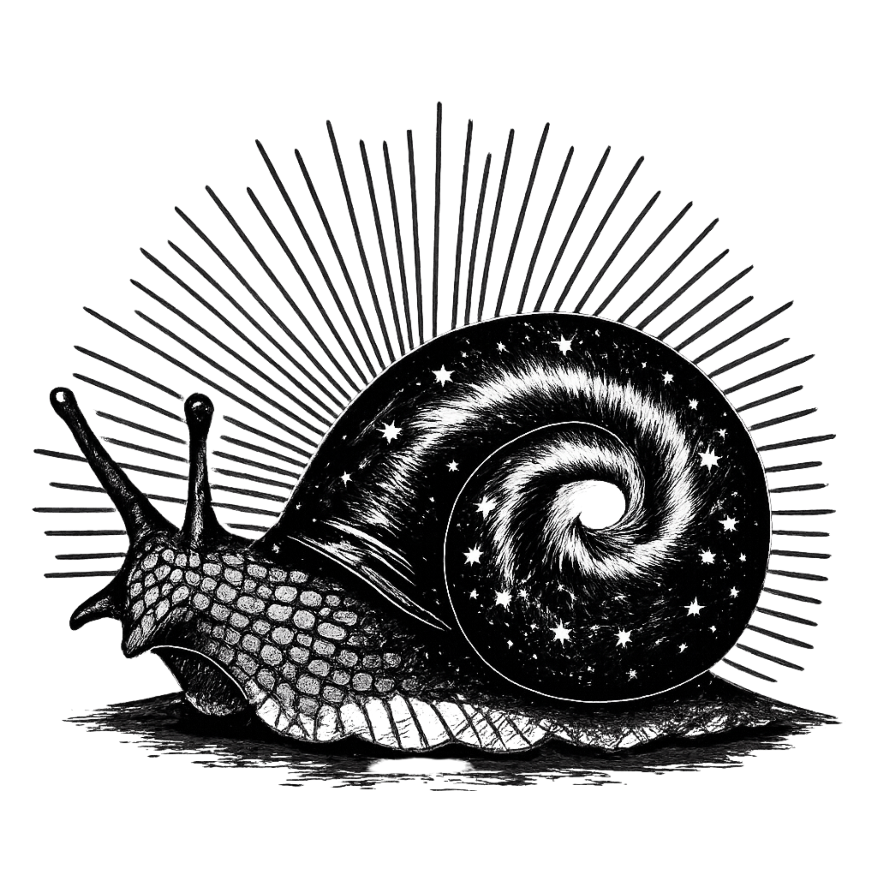 Black and white illustration of a snail with starry shell on a white background