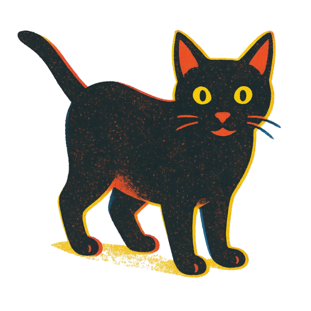 Illustration of a black cat with yellow eyes and red paws on a white background