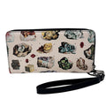 A zip-around wallet with a black wrist strap, featuring an all-over print of vintage-style mineral and crystal illustrations on a light beige background.