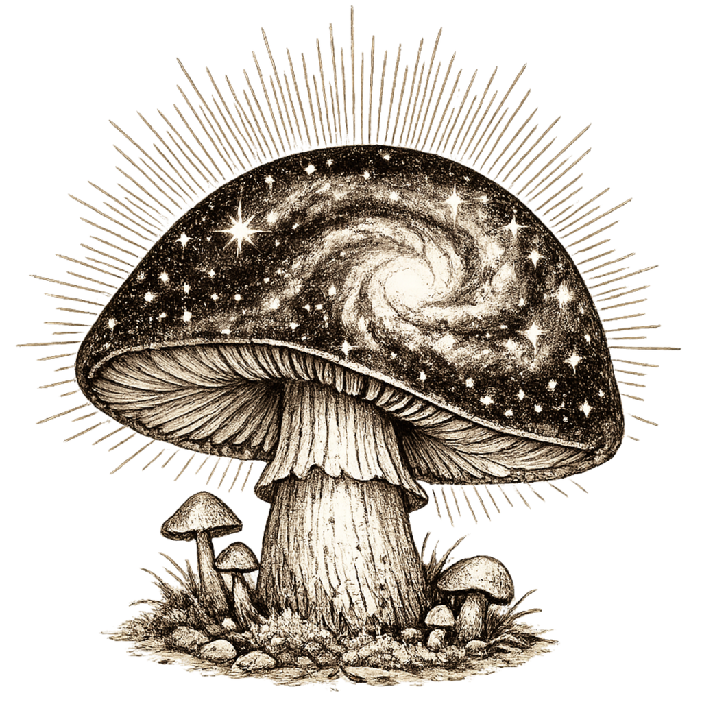 Illustration of a mushroom with a galaxy design on its cap, surrounded by smaller mushrooms.
