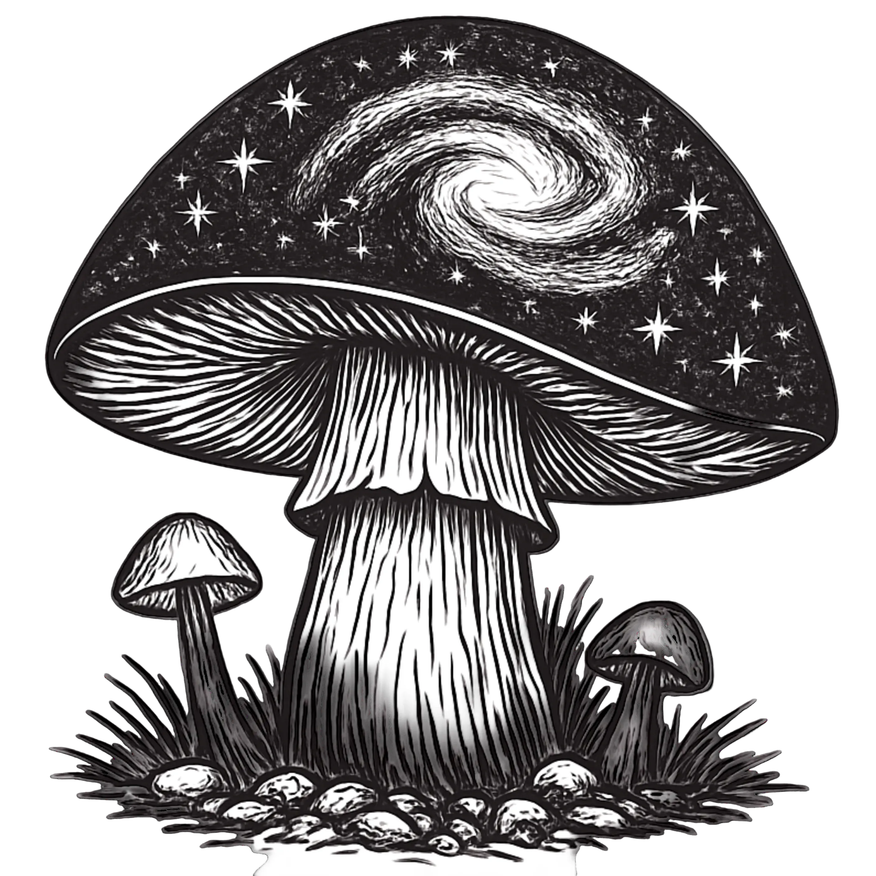 Black and white illustration of a mushroom with a galaxy on its cap.