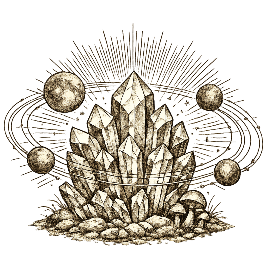 Illustration of crystals with mushrooms and celestial elements on a white background
