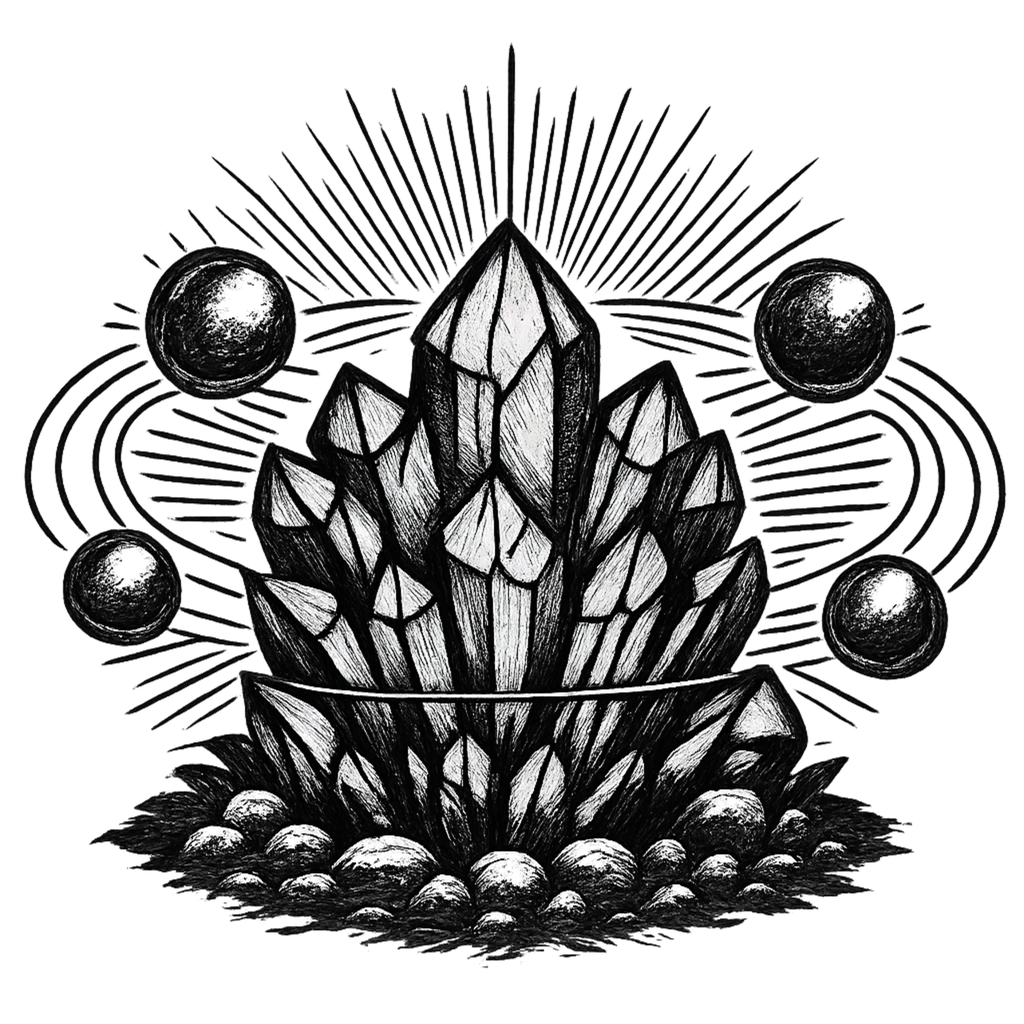 Black and white illustration of crystals and spheres with a starburst design.