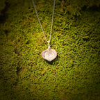 Silver necklace with a pendant on a green moss background