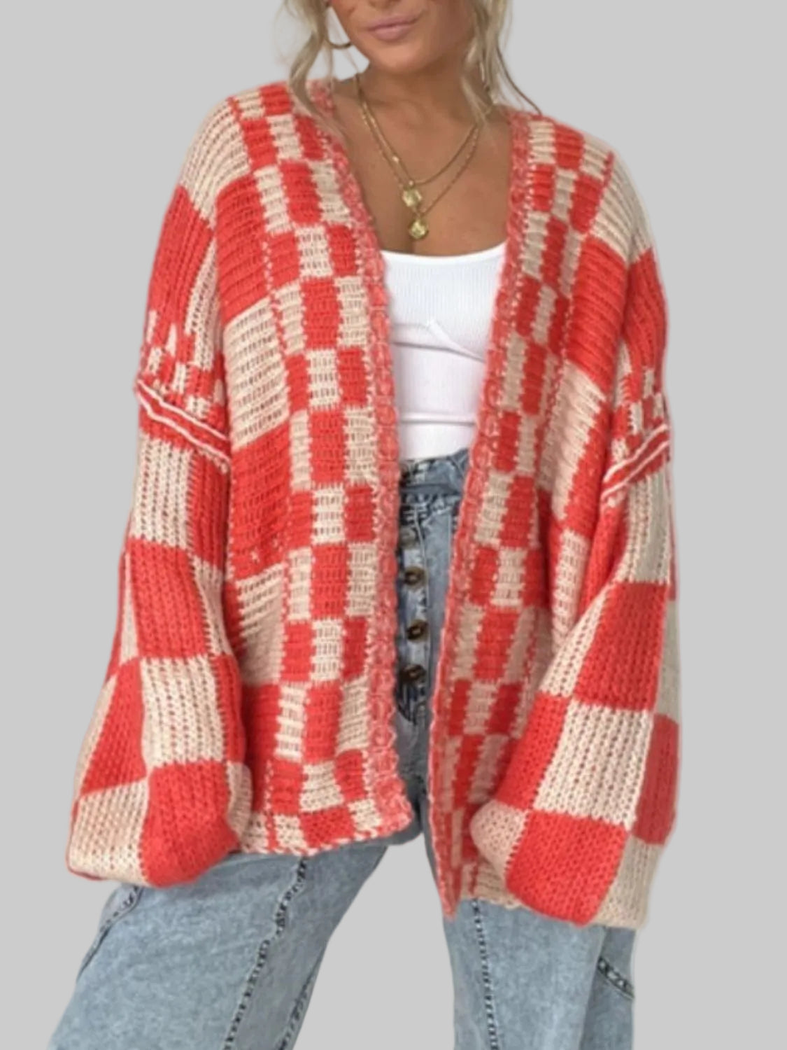Checked Open-Front Cardigan