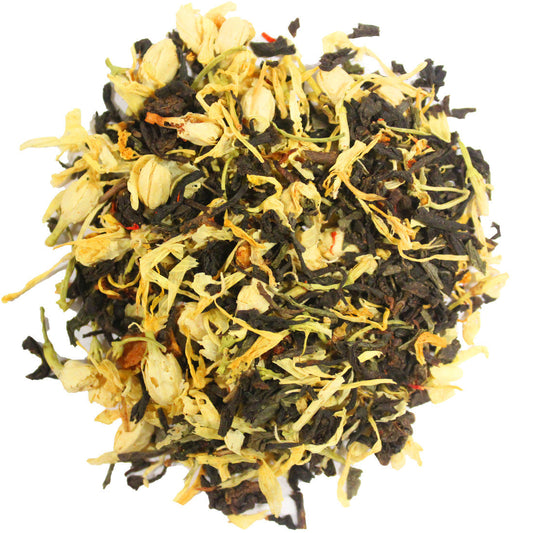 Tea leaves with yellow flowers on a white background
