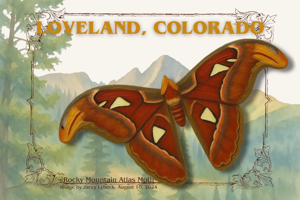 Illustration of a Rocky Mountain Atlas Moth with mountains and trees in the background, featuring Loveland, Colorado text.