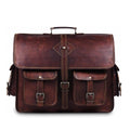 A dark brown distressed leather briefcase with a top handle, front flap, two front pockets with buckle closures, and a central vertical strap detail, shown on a plain white background.
