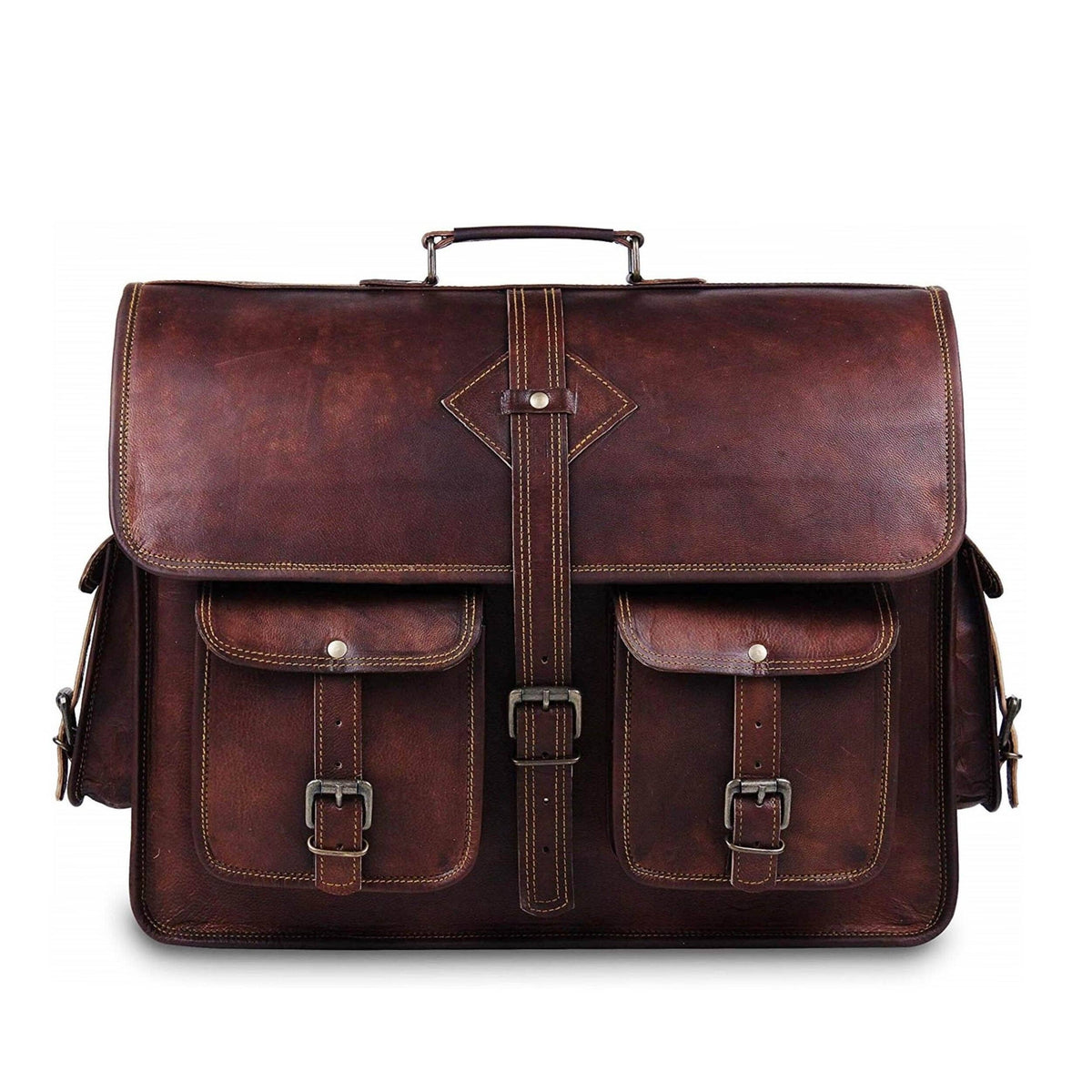 A dark brown distressed leather briefcase with a top handle, front flap, two front pockets with buckle closures, and a central vertical strap detail, shown on a plain white background.