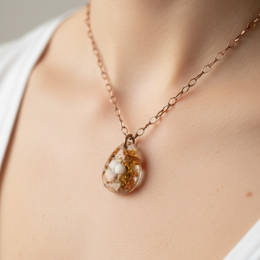 Necklace with a teardrop-shaped pendant on a person wearing a white top.