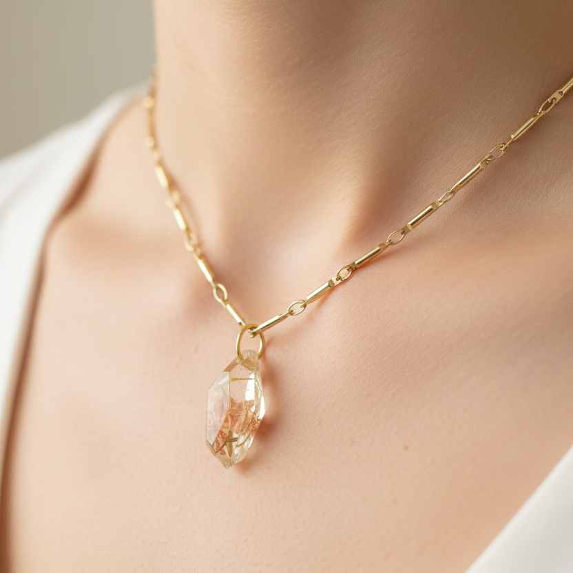 Gold necklace with a clear pendant on a mannequin