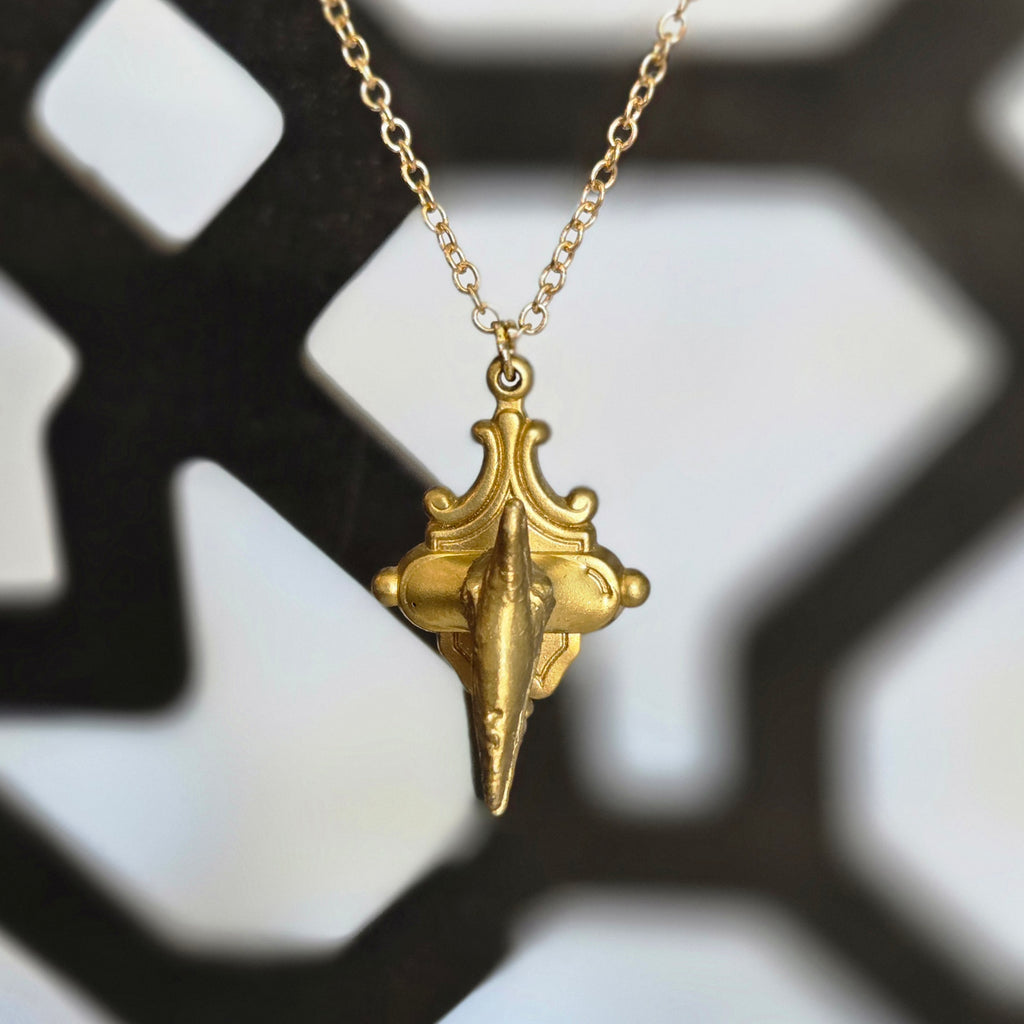 one of a kind gold tone winged pterosaur trophy necklace on ornate plaque pendant handmade