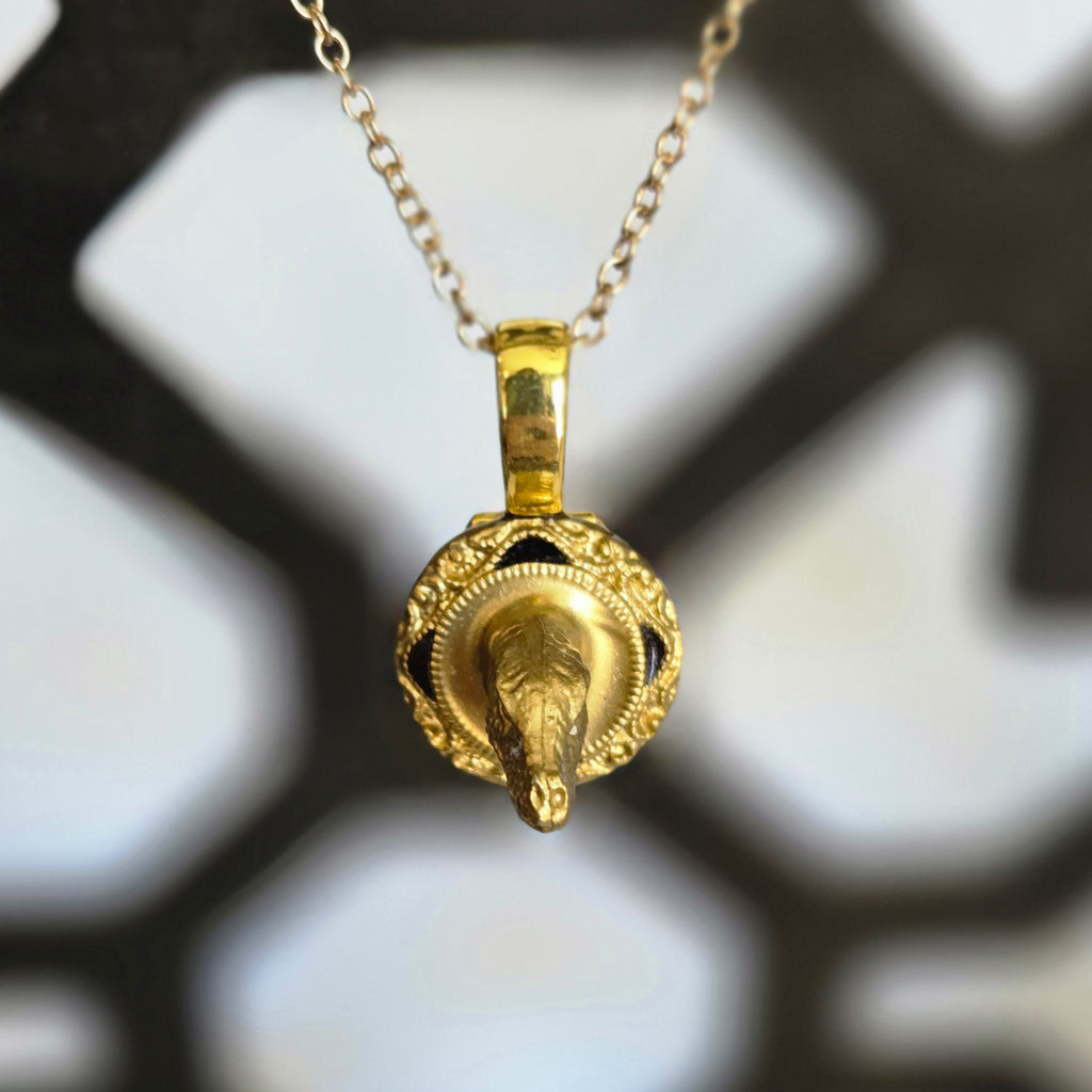 one of a kind gold tone raptor head trophy necklace on ornate plaque pendant handmade