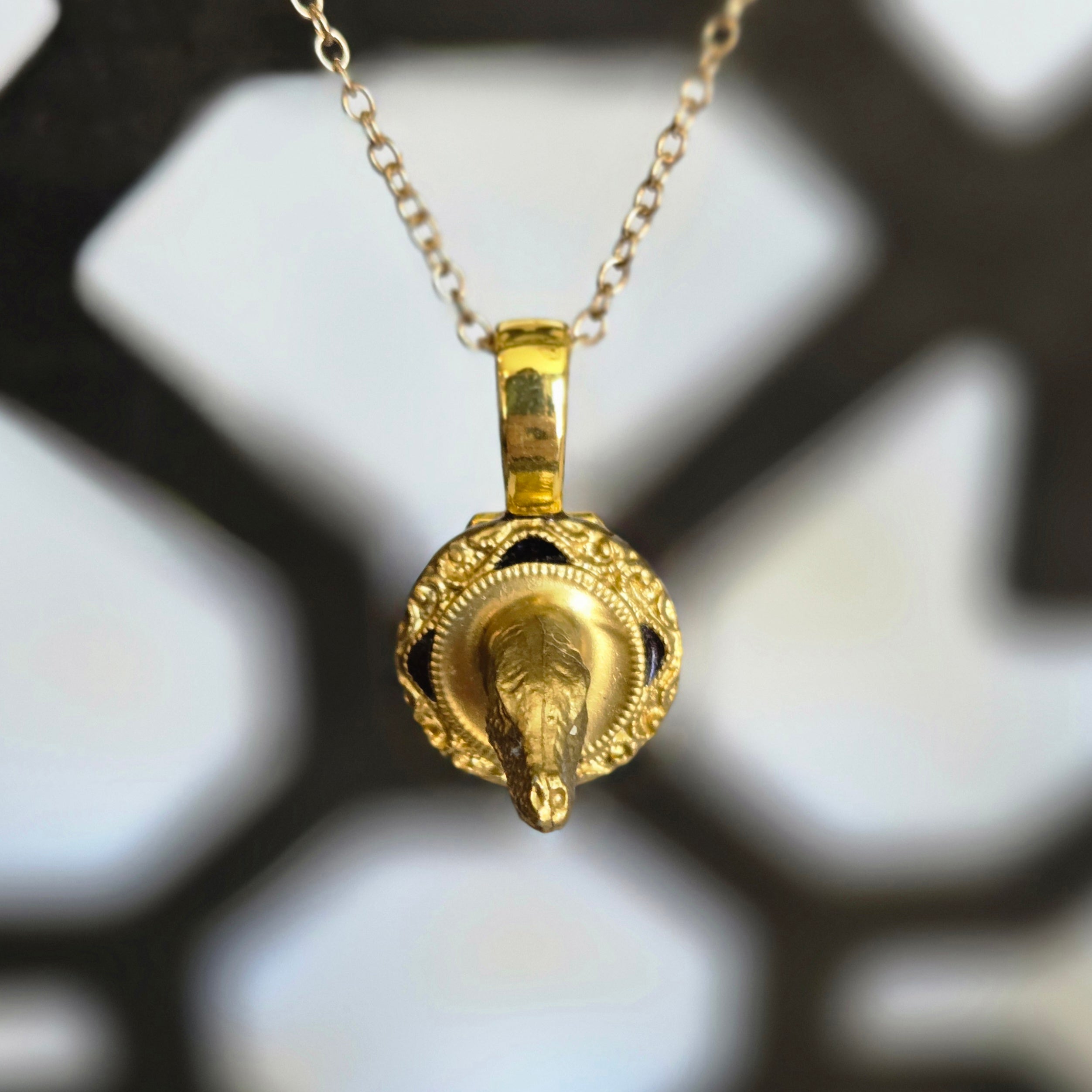 one of a kind gold tone raptor head trophy necklace on ornate plaque pendant handmade