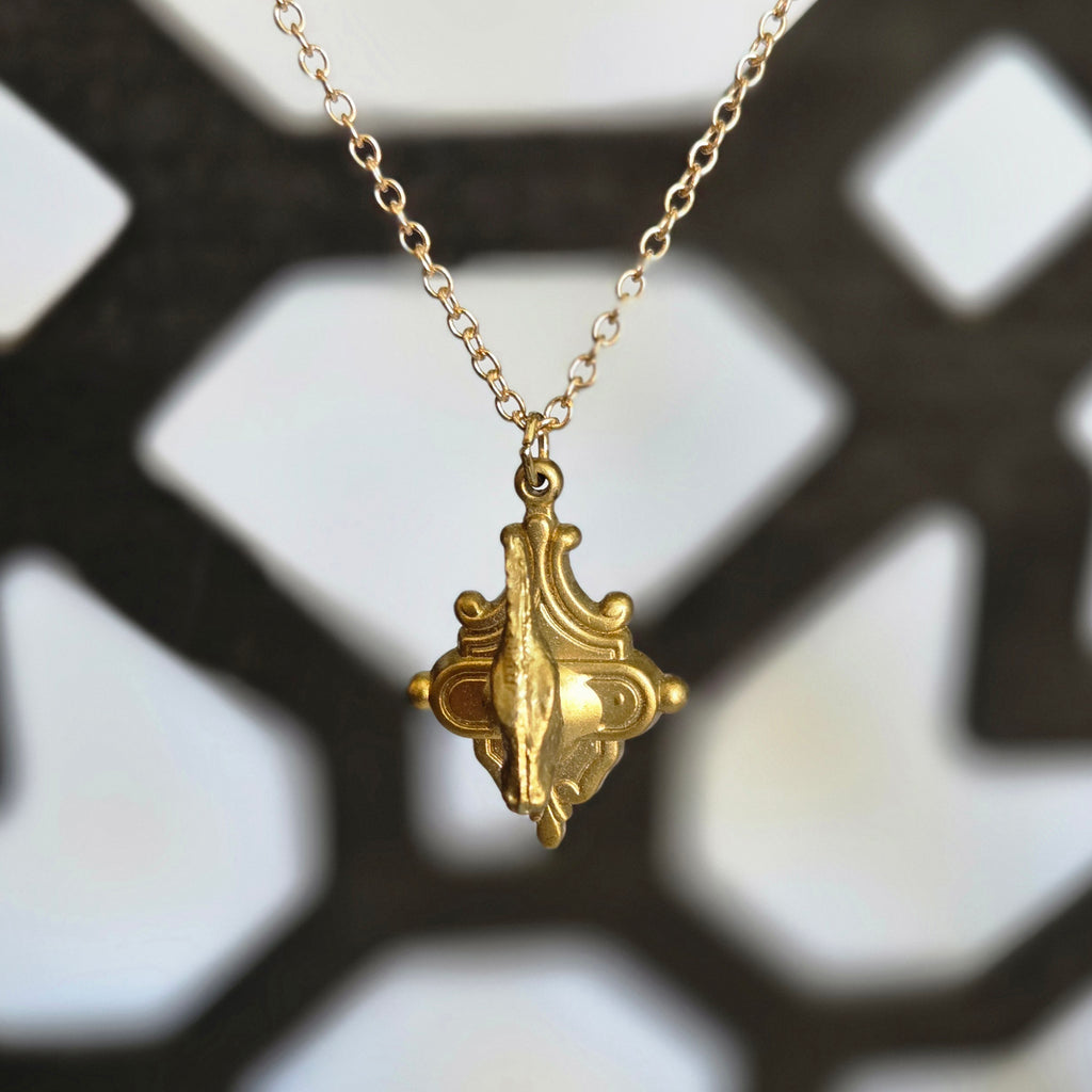 one of a kind gold tone parasaurolophus II trophy necklace on ornate plaque pendant handmade