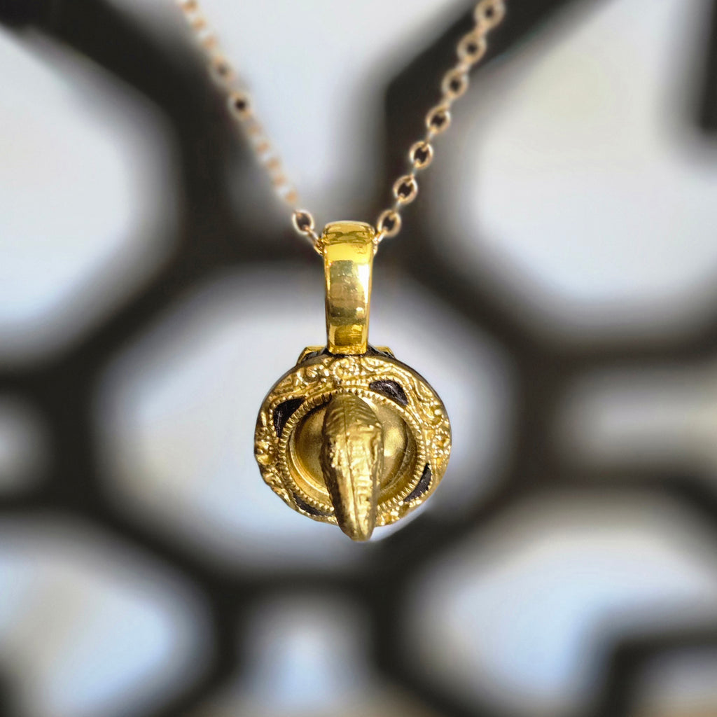 one of a kind gold tone t‑rex trophy necklace on ornate plaque pendant handmade