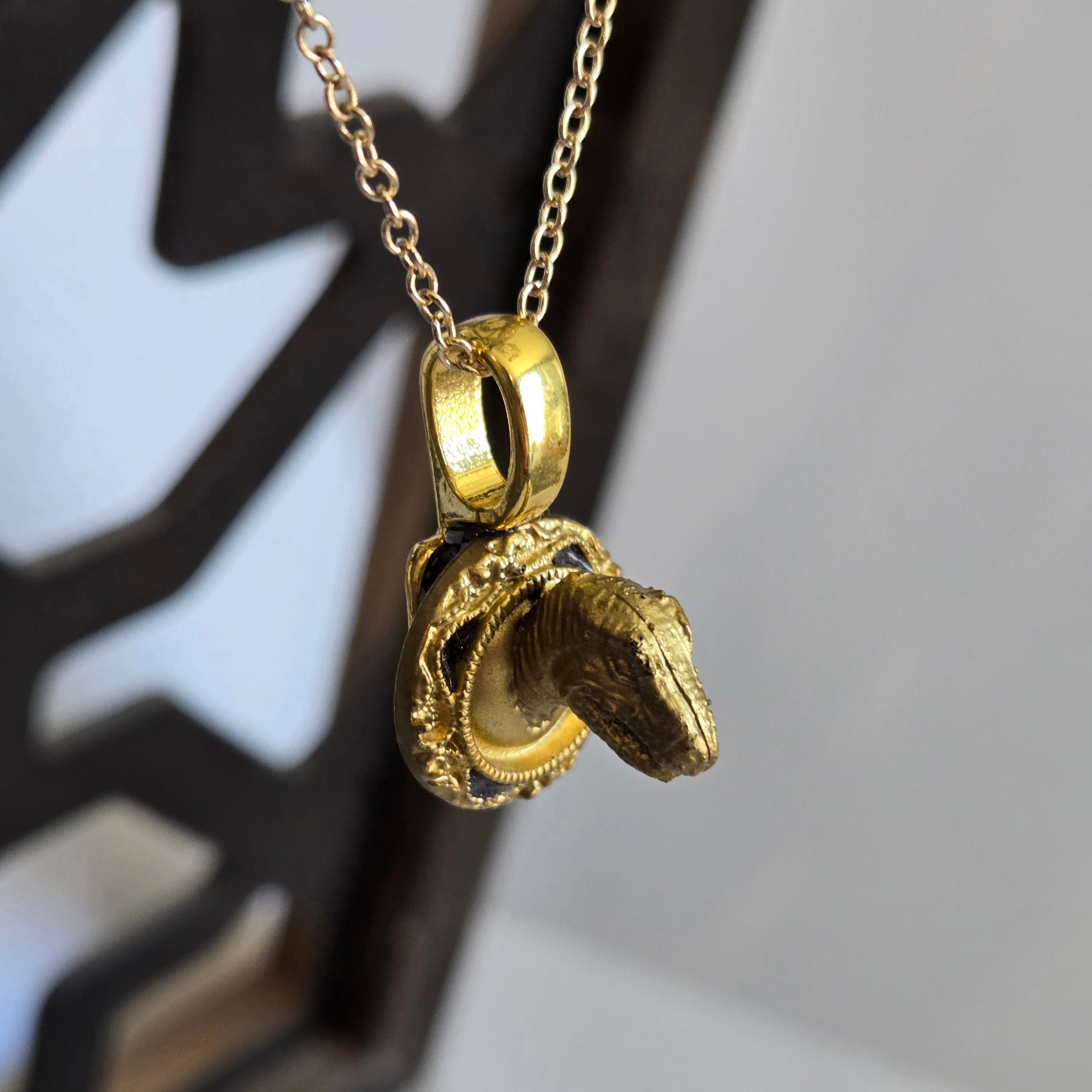 one of a kind gold tone t‑rex trophy necklace on ornate plaque pendant handmade