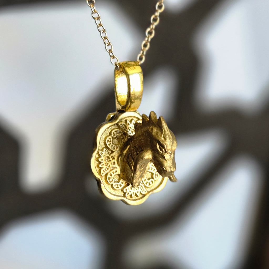 Handmade gold fire dragon trophy necklace – Ember-Crested Wyrm on 18 inch chain by Beauty Undiscovered
