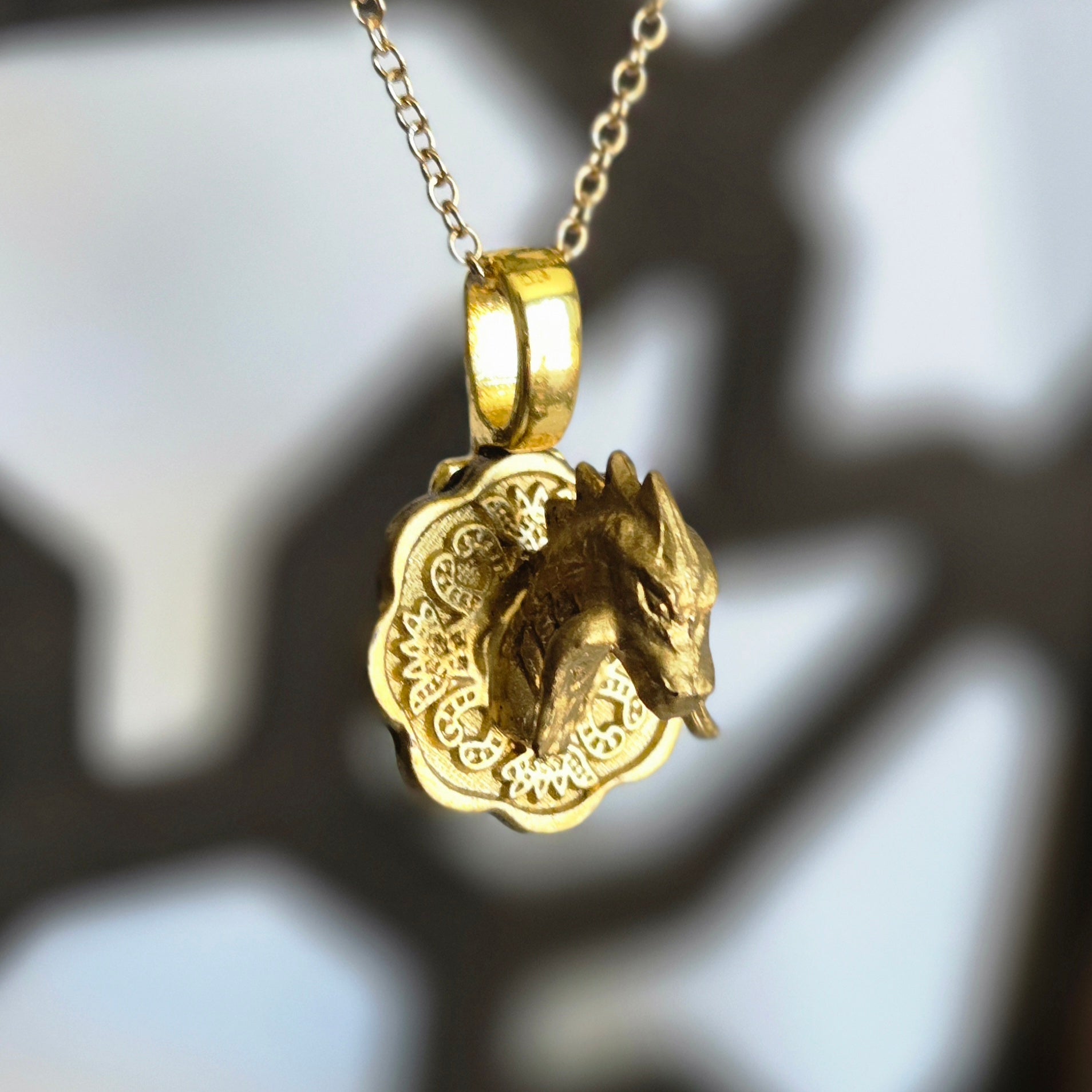 Handmade gold fire dragon trophy necklace – Ember-Crested Wyrm on 18 inch chain by Beauty Undiscovered
