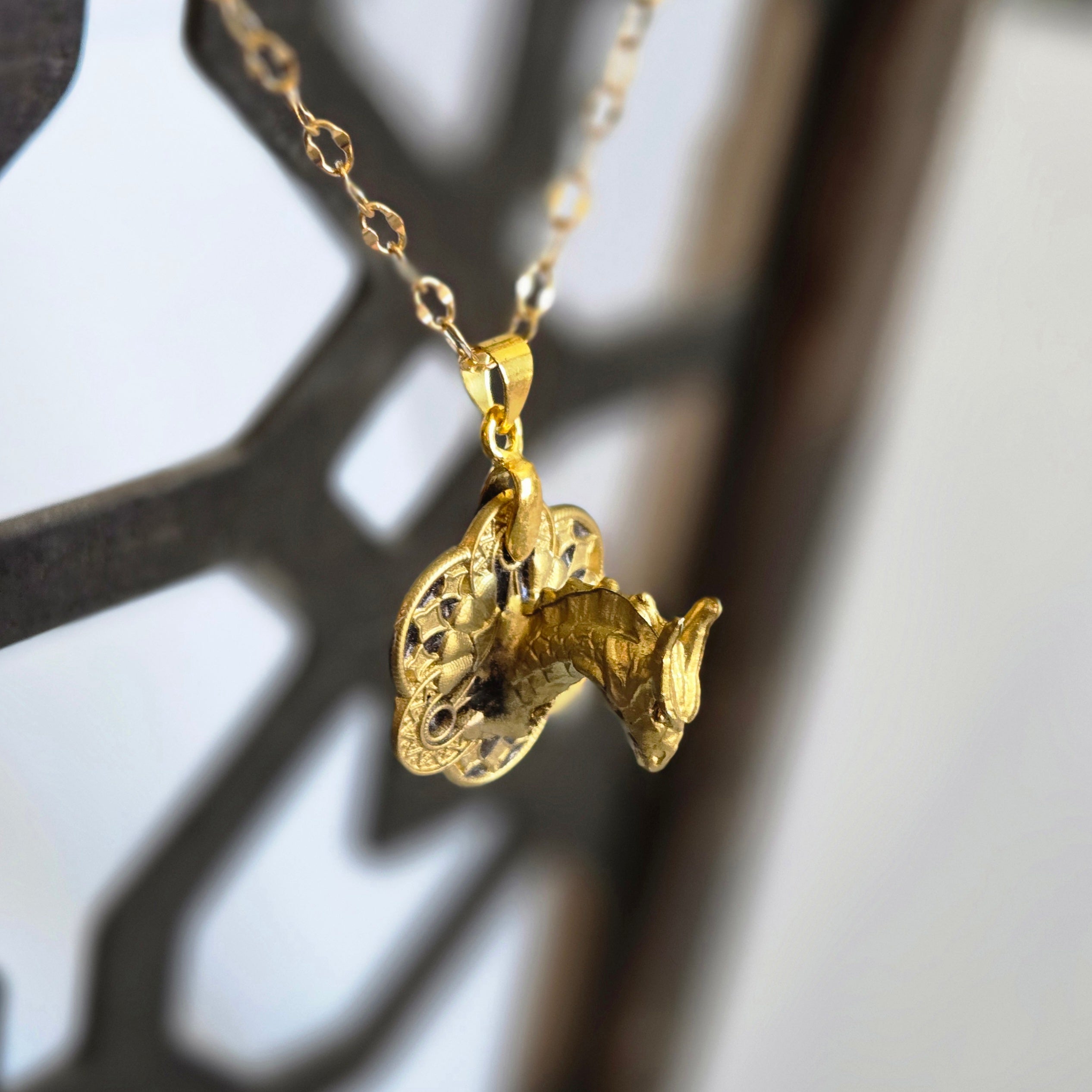 Handmade gold water dragon trophy necklace – Tidal-Gleam Serpent on 24 inch chain by Beauty Undiscovered
