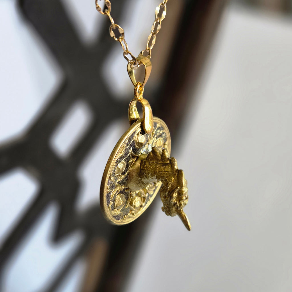 Oath-Point Herald dragon necklace detail – handmade gold jewelry by Beauty Undiscovered
