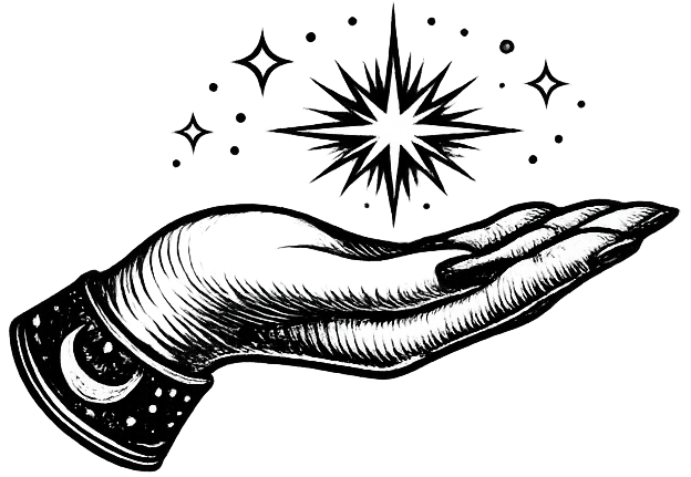 Black and white illustration of a hand holding a star with a white background
