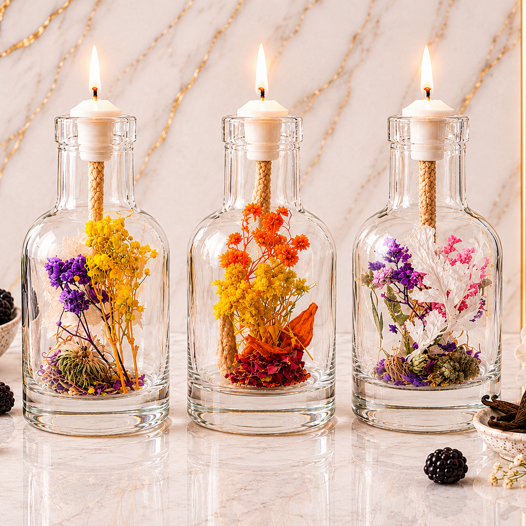 Three clear glass bottles with white pillar candles and dried flower arrangements, displayed on a marble surface with decorative blackberries and flowers against a marble wall.