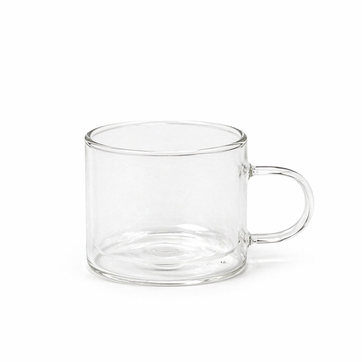 Clear glass mug on a white background