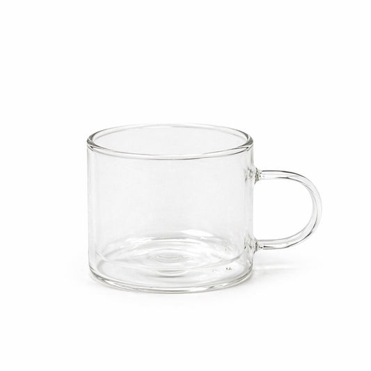 Clear glass mug on a white background
