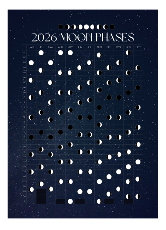 2026 Moon Phases calendar on a dark blue background with white and black text.