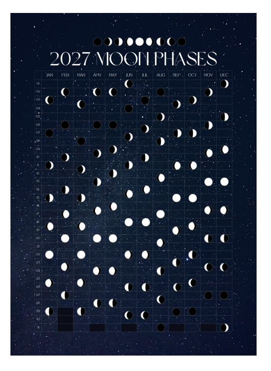 2027 Moon Phases calendar with a starry night background