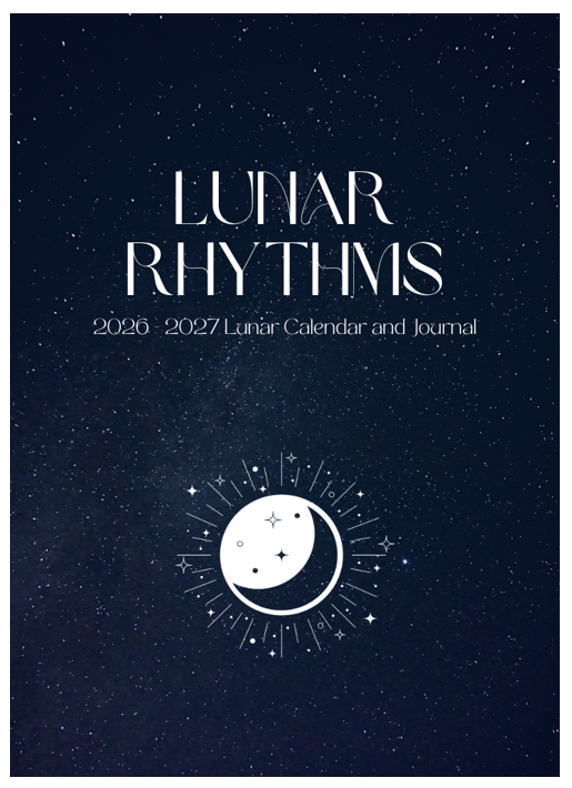 Lunar Rhythms 2026-2027 lunar calendar and journal cover with celestial design on a dark blue background.