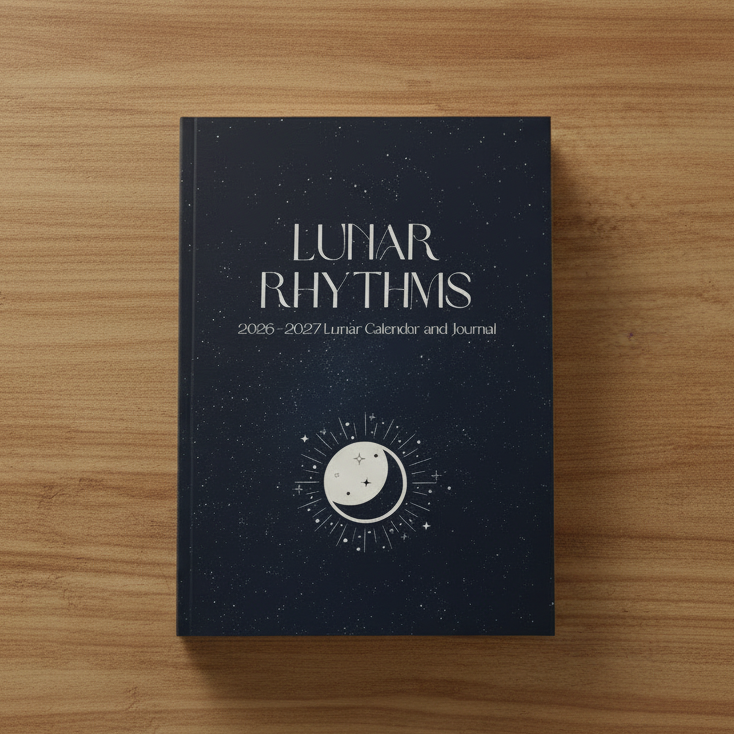 Black book titled 'Lunar Rhythms' on a wooden surface Beauty Undiscovered
